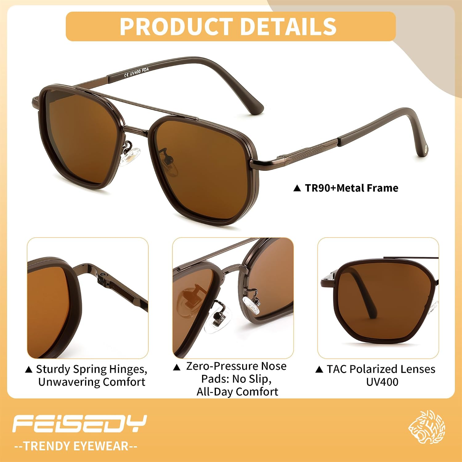 商品图片 27 | B0FQ4Y7FV6 | FEISEDY Polarized Aviator Sunglasses for Women Men Square TAC Lens B0329 | UV400 protection, Lightweight, Military-grade durability, Spring temples, Climate Pledge Friendly, Driving, Beach