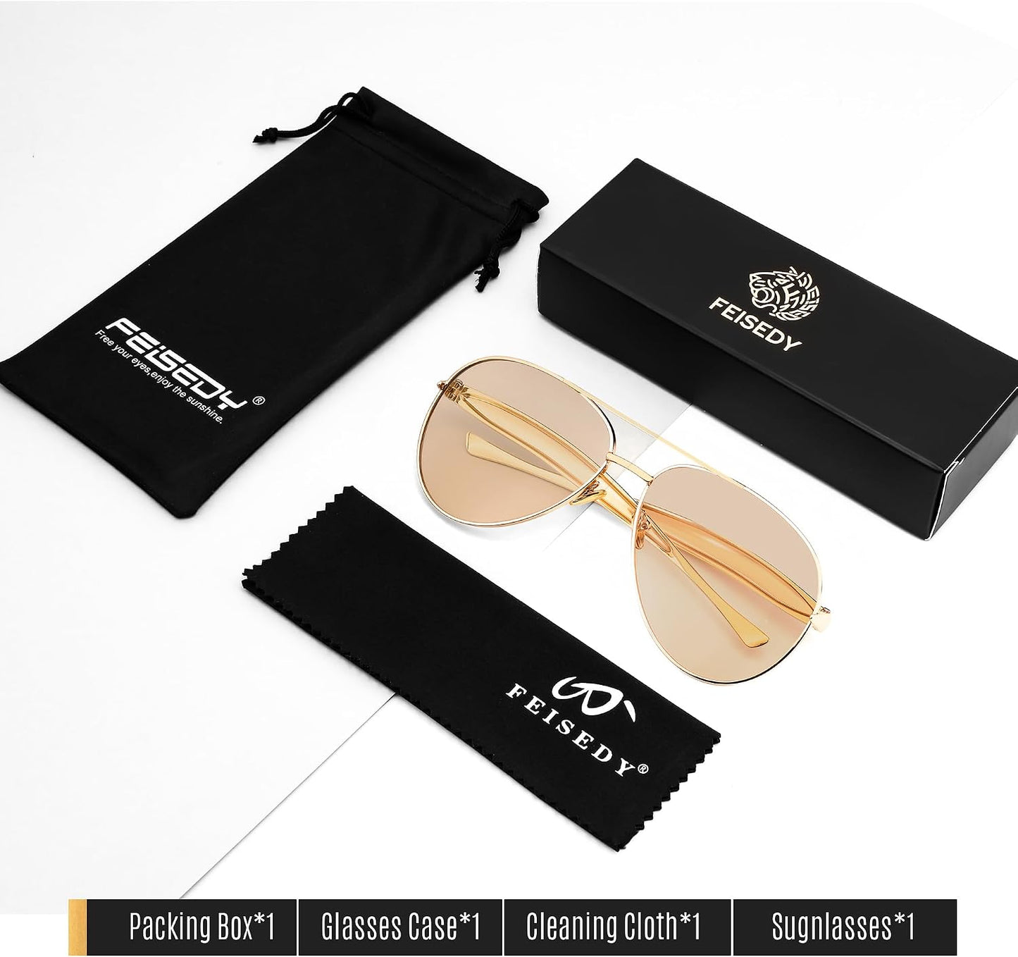 商品图片 34 | B0FKML2SSC | FEISEDY Oversized Aviator Sunglasses Women Men - Retro Gold Metal Chunky Frame, UV400 for Driving & Daily Wear B0311