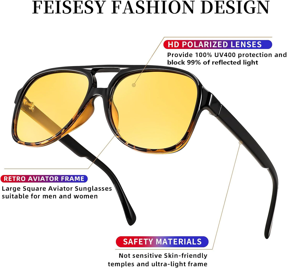 ÉÌƷͼƬ 124 | B0CB543WBD | FEISEDY Vintage Retro 70s Plastic Aviator Sunglasses Women Men Classic Large Squared Frame B2751