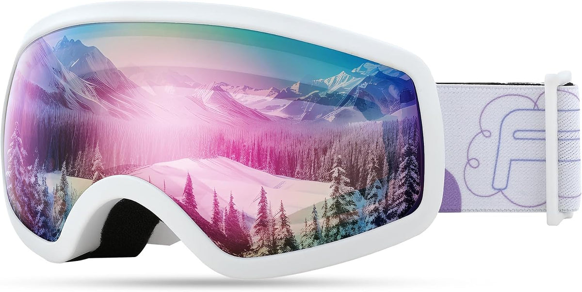 White Frame & Purple Mirrored Lens (Vlt 11%) | B0CHF4YBWB | FEISEDY Kids Ski Goggles,Snowboard Goggles for Boys Girl Youth,OTG Anti Fog UV Protection Snow Goggles B0019