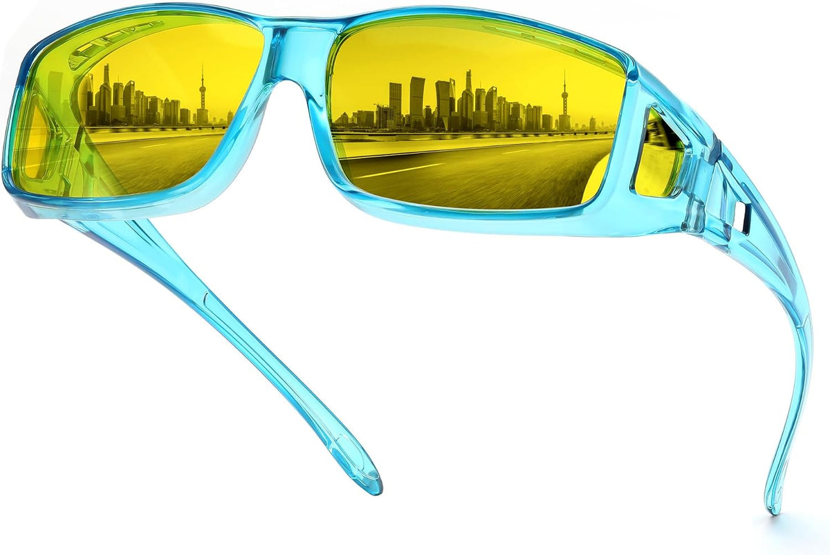 Blue Frame Night Vision Polarized Yellow Lenses / 60 Millimeters | B0DBH6F4TC | FEISEDY Polarized Fit Over Glasses Sunglasses Men Women Wrap Around B2593