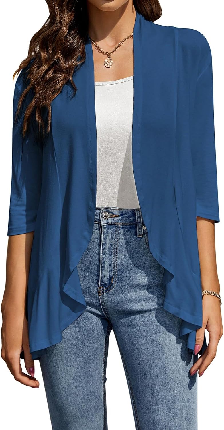 Small / Blue | B0H1L2HTN6 | Women's 3/4 Sleeve Open Front Cardigan Lightweight Draped Ruffle Knit Casual Spring Summer Plus Size Cardigan