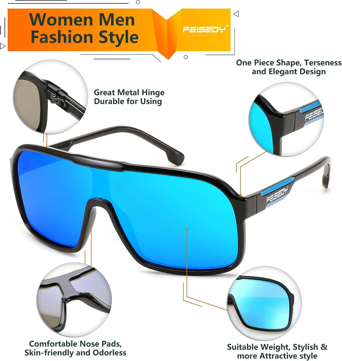 ÉÌƷͼƬ 28 | B0CWTZ9491 | FEISEDY Fashion Polarized Sunglasses Oversized One Piece Reflective Lens Sports Sun Glasses B0122