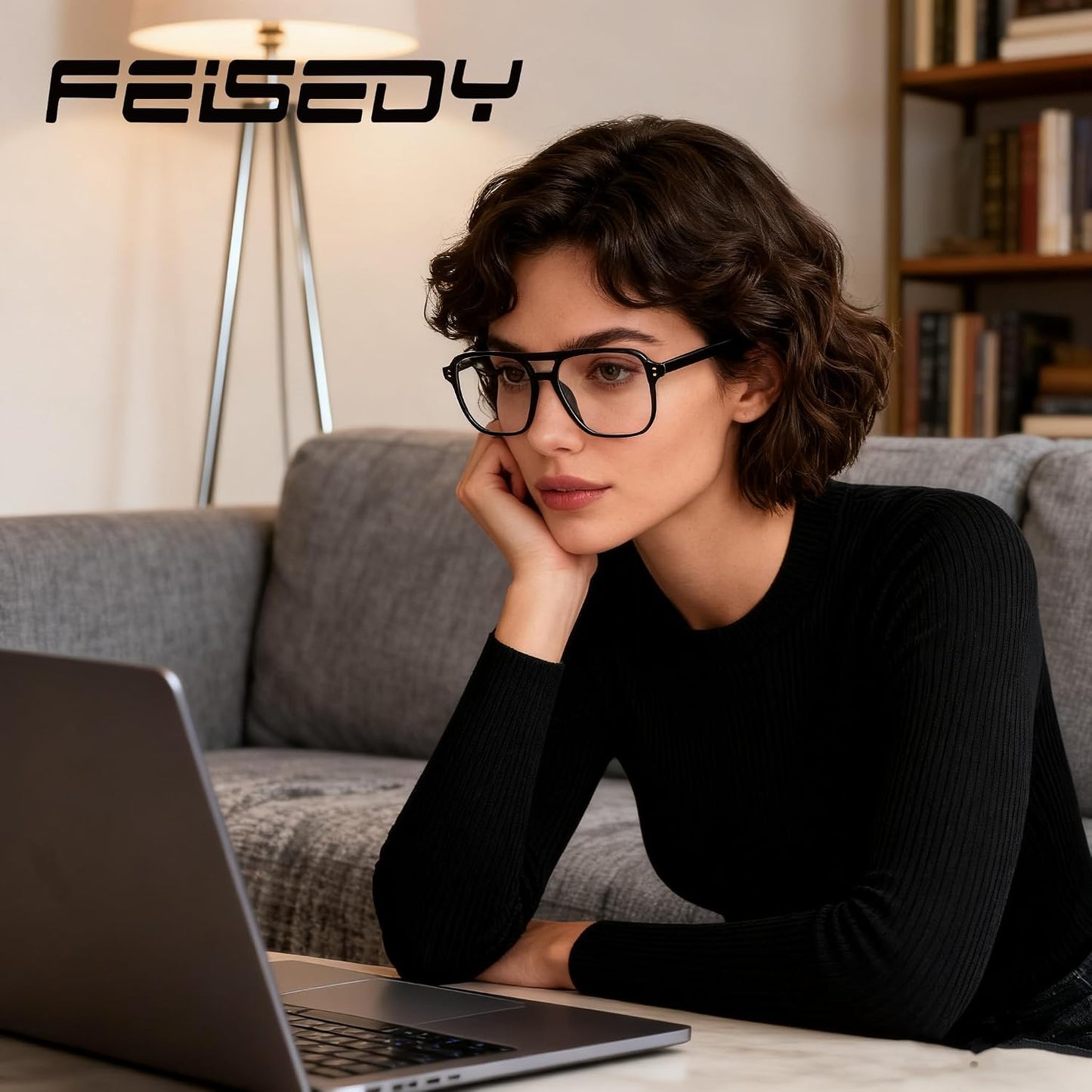 商品图片 2 | B0FWXP3HKW | FEISEDY Fashion Aviator Blue Light Reading Glasses for Woman Men B0318 | Square Pilot Computer Glasses, Anti Eyestrain Glare Readers
