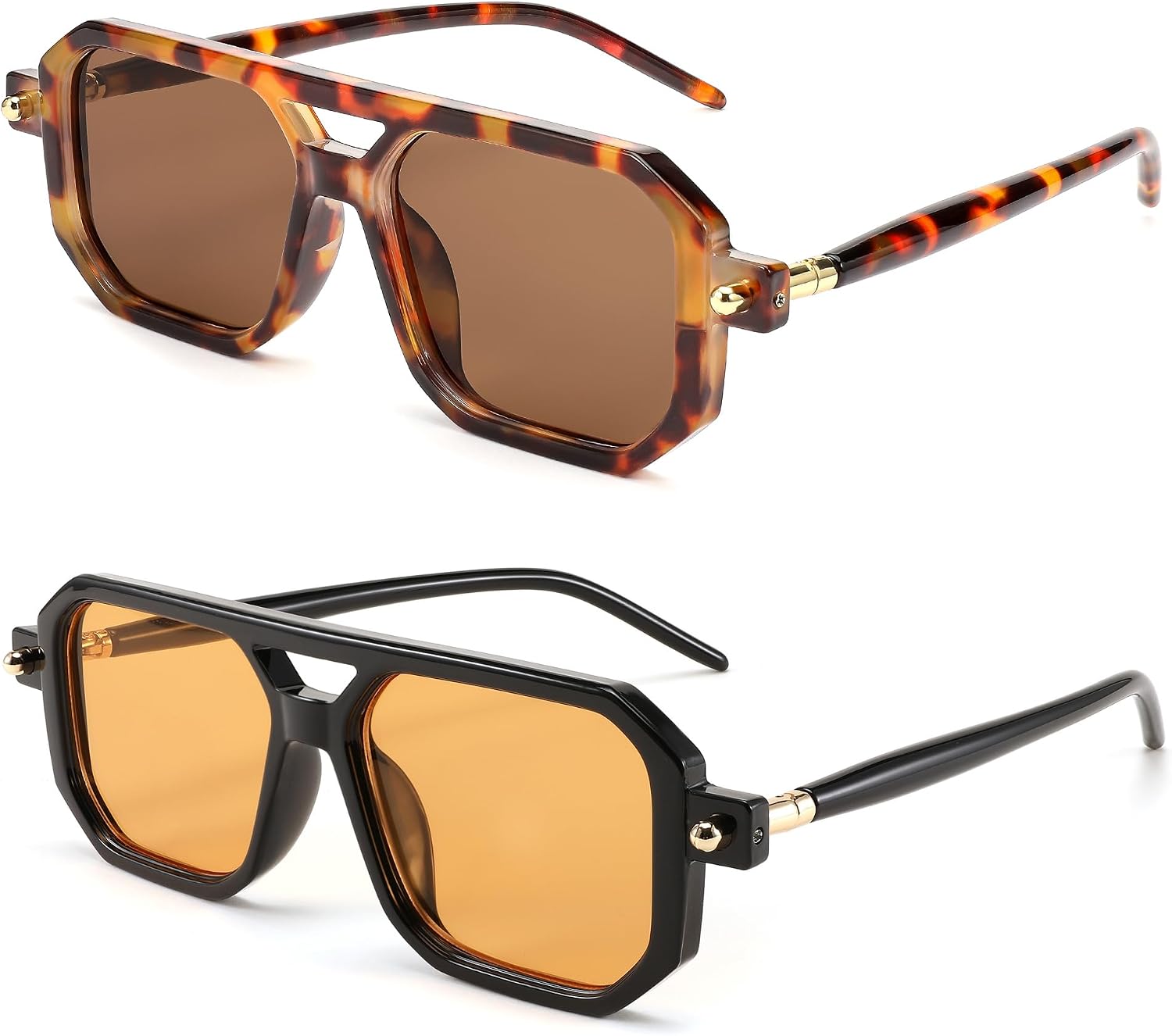 2 Pack Leopard/Tea + Black/Orange / 52 Millimeters | B0F4CTVTXR | FEISEDY Vintage Square 70s Flat Aviator Sunglasses Women Men Classic Retro Stylish Frame UV400 Sunglasses B2622