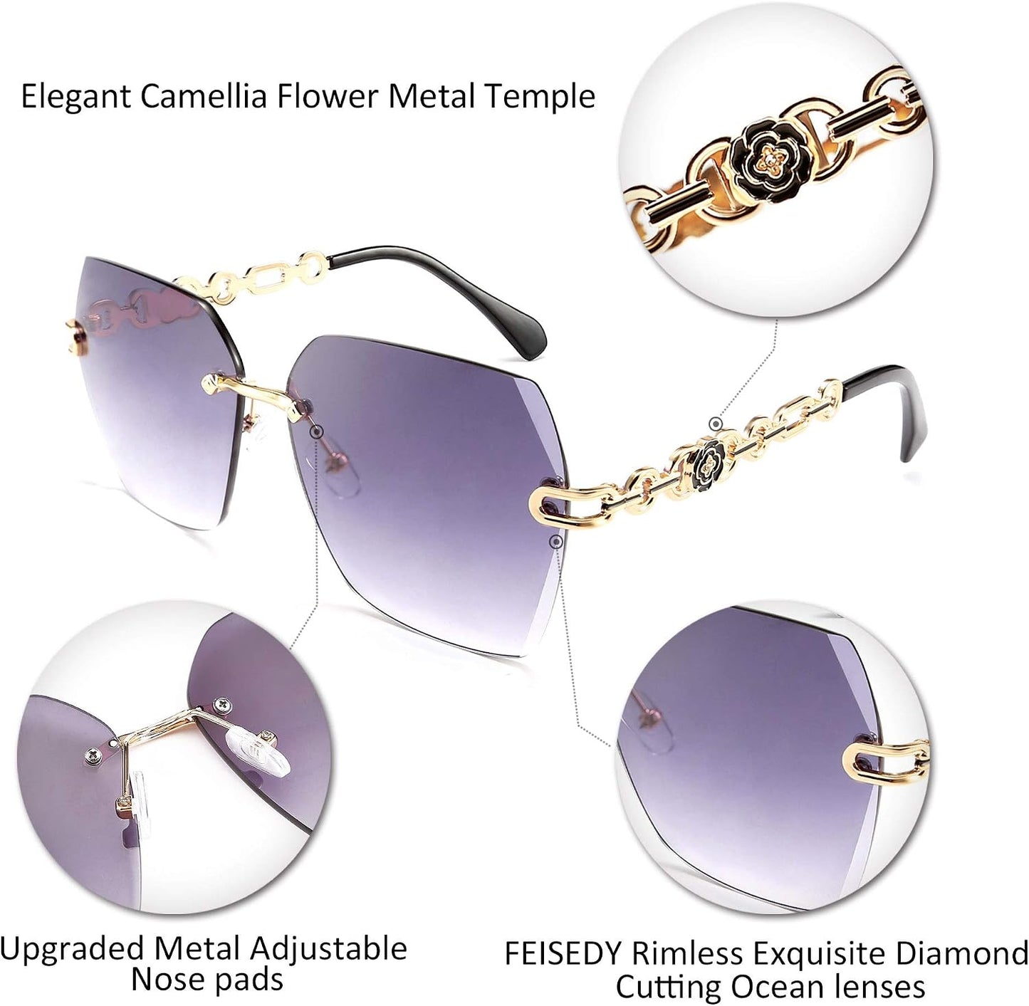 商品图片 12 | B083VRLS2Q | FEISEDY Classic Rimless Sunglasses Women Metal Frame Diamond Cutting Lens Sun Glasses B2567