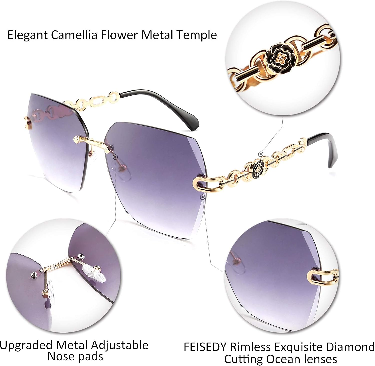 商品图片 12 | B083VRLS2Q | FEISEDY Classic Rimless Sunglasses Women Metal Frame Diamond Cutting Lens Sun Glasses B2567