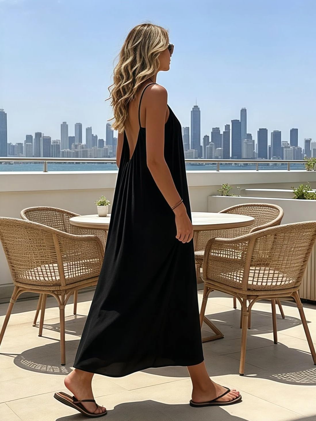 商品图片 4 | B0H2HQ8H7S | Women's Black Backless Maxi Dress, Spaghetti Strap Flowy Summer Casual Vacation Beach Sundress Size S-L