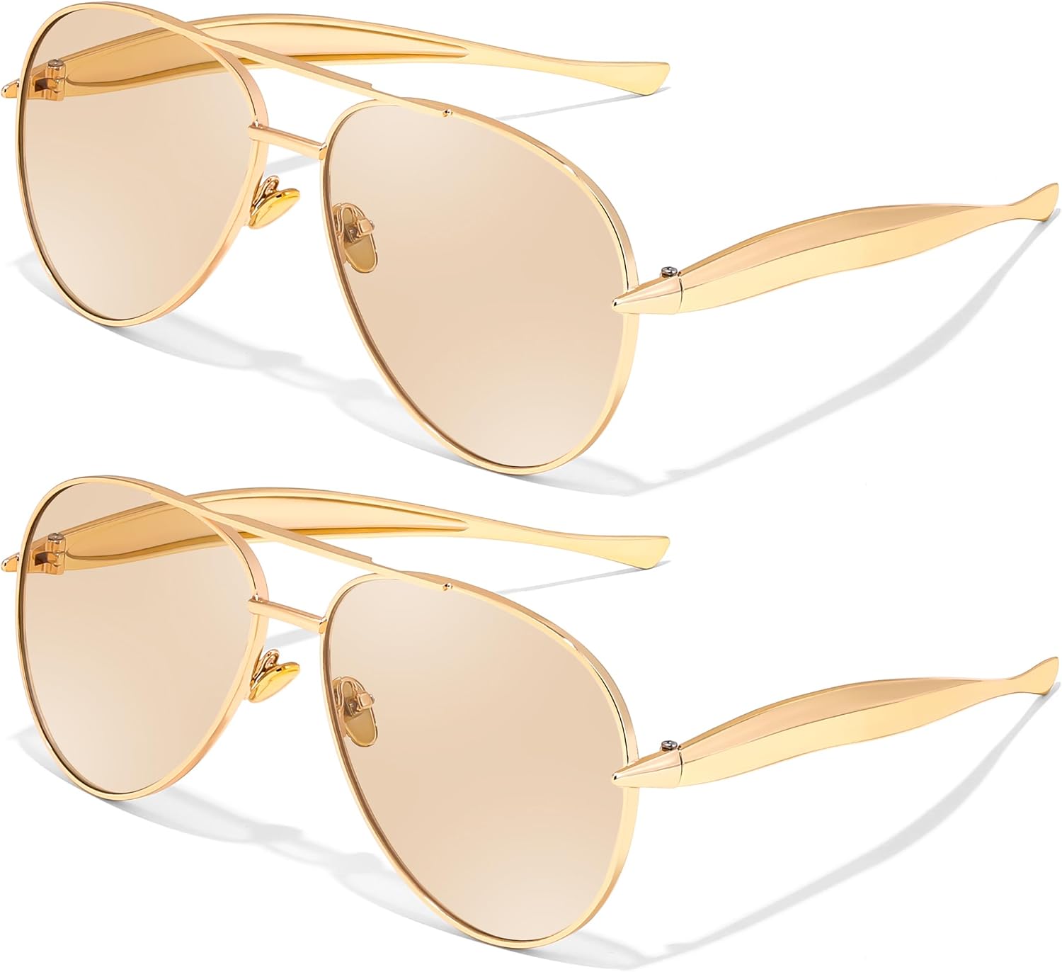 2pack(gold/Champagne+gold/Champagne) / 60 Millimeters | B0FKMKSYKC | FEISEDY Oversized Aviator Sunglasses Women Men - Retro Gold Metal Chunky Frame, UV400 for Driving & Daily Wear B0311