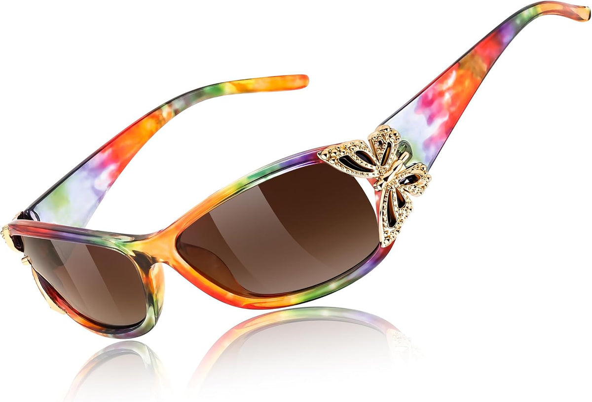 Colorful Patterns Frame & Gradual Tea Lens / 60 Millimeters | B0DW3QQVBP | FEISEDY Y2K Women Polarized Sunglasses Butterfly Wrap Around UV400 Shades