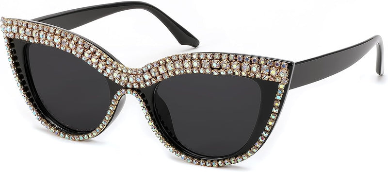 Black Colored Diamond / 51 Millimeters | B0CP1YK6Y8 | FEISEDY Oversized Women Cat Eye Rhinestone Sunglasses Costume Party B2360