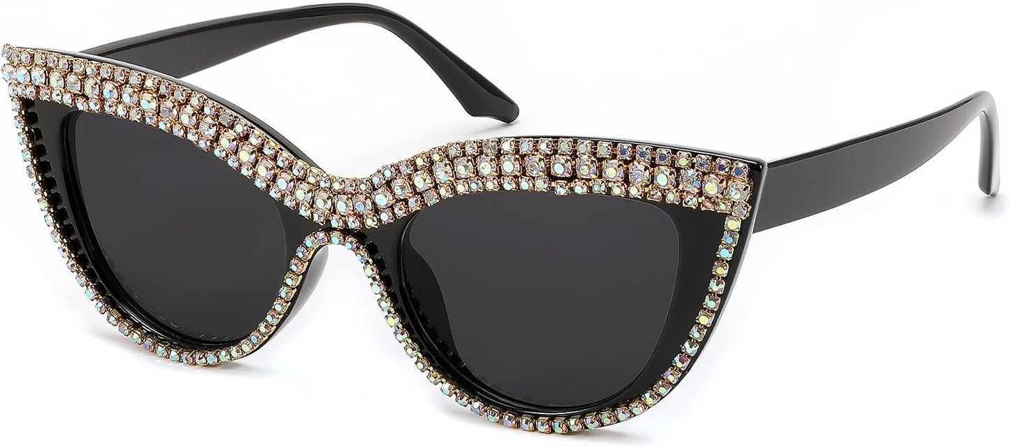 Black Colored Diamond / 51 Millimeters | B0CP1YK6Y8 | FEISEDY Oversized Women Cat Eye Rhinestone Sunglasses Costume Party B2360