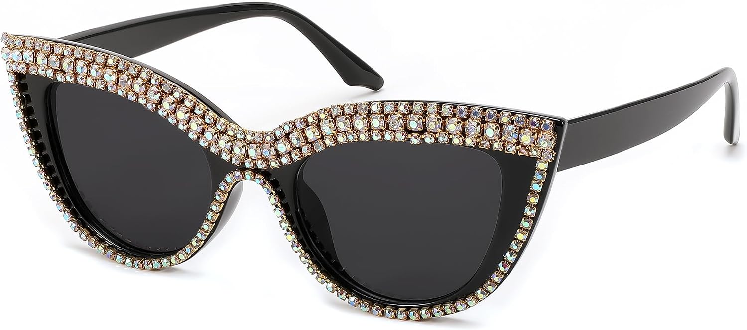 Black Colored Diamond / 51 Millimeters | B0CP1YK6Y8 | FEISEDY Oversized Women Cat Eye Rhinestone Sunglasses Costume Party B2360