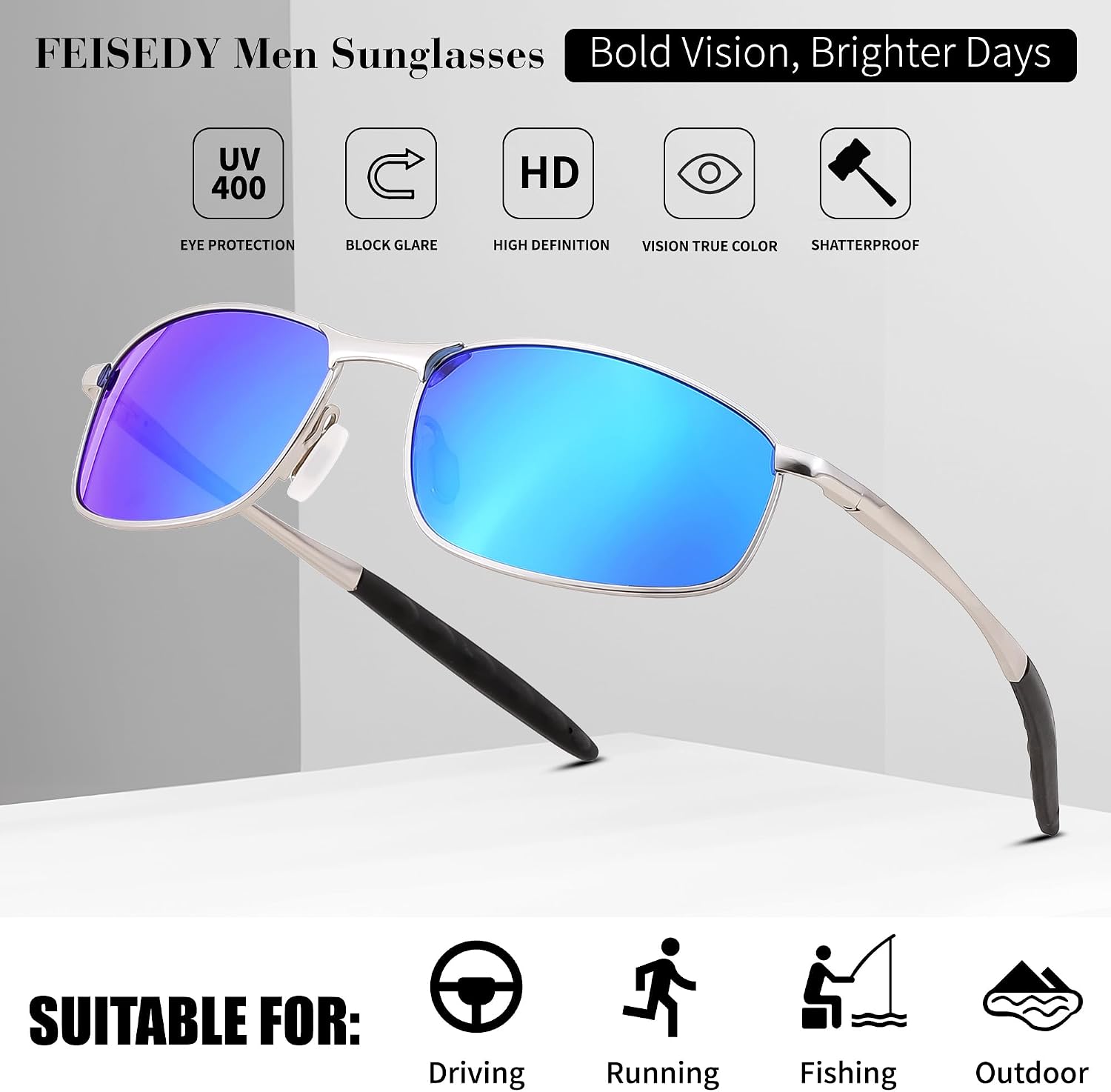 商品图片 32 | B07GSRV2H5 | FEISEDY Rectangle Polarized Square Sunglasses for Men Women B2444