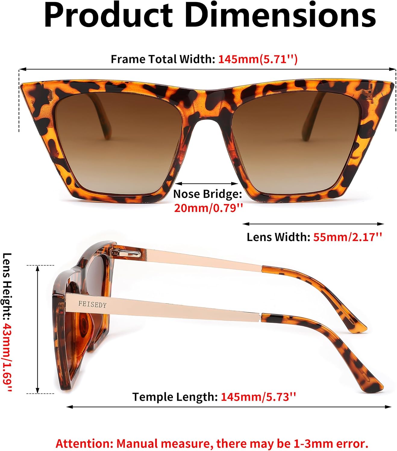 商品图片 5 | B0BY2ML713 | FEISEDY Vintage Square Polarized Cat Eye Sunglasses for Women Men Trendy Fashion Sunnies B2382