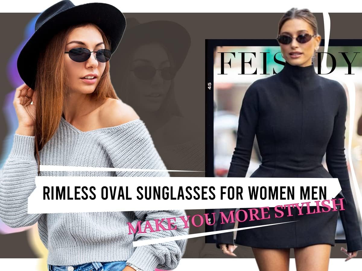 商品图片 5 | B0BZPBKFF1 | FEISEDY Trendy Rimless Oval Sunglasses for Women Men Retro 90s Eyewear Frame Y2K Glasses B2393