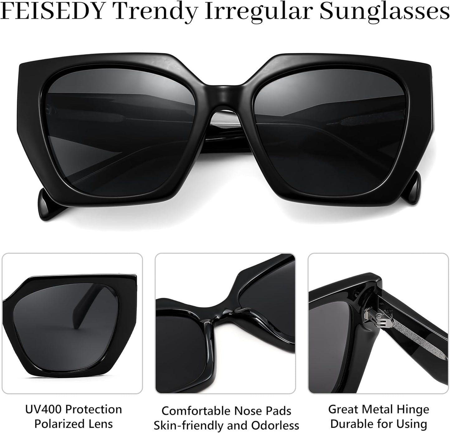商品图片 37 | B0CNCTSQ2Z | FEISEDY Trendy Polarized Sunglasses, Oversized Irregular TR Frame for Women Men, Retro Shades UV400 B0016