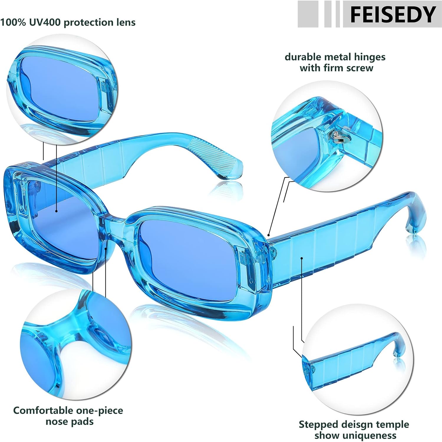 商品图片 25 | B0B12FXZW5 | FEISEDY Rectangle Sunglasses for Women Men Retro Y2k 90s Thick Frame Chunky Square Sunglasses UV400 Protection B2307