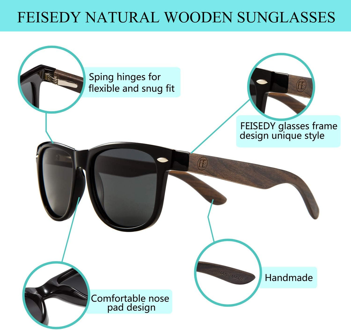 商品图片 39 | B07J2YHS4L | FEISEDY Polarized Wood Sunglasses Women Men HD UV400 Driving Fishing Golf Sunglasses B2448