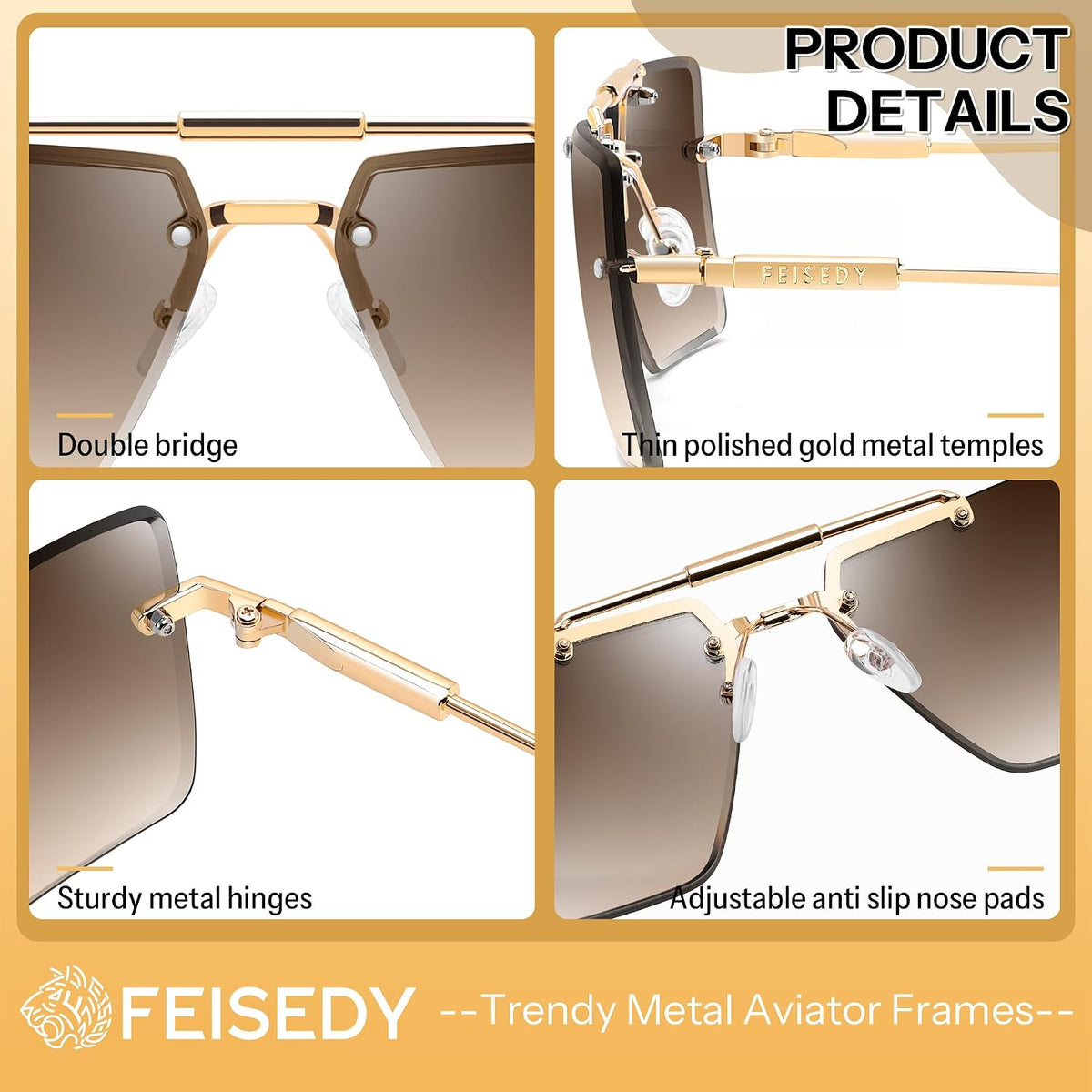 商品图片 25 | B0HFJXV98G | FEISEDY Rimless Aviator Sunglasses for Women Men Luxury UV400 Shades