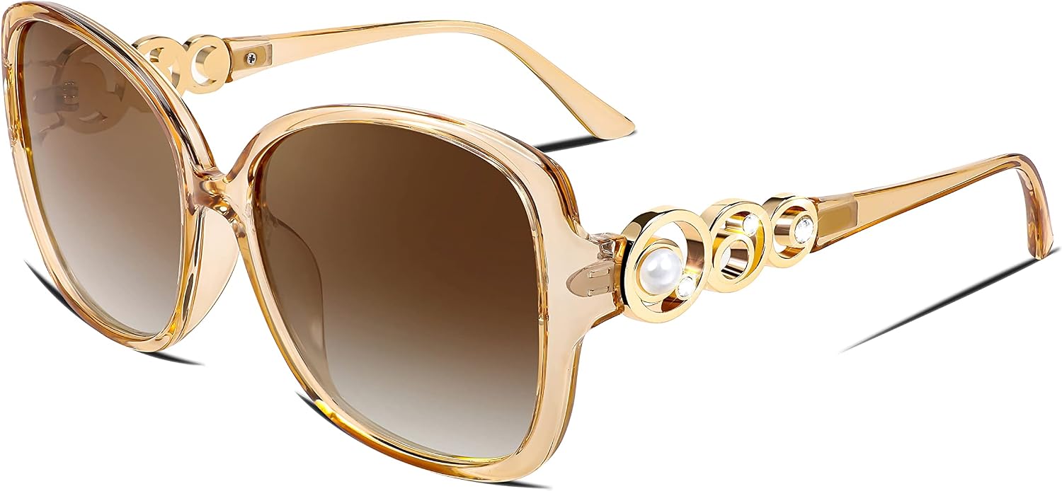 Elegant Champagne / 61 Millimeters | B0BJ6ZQL9H | FEISEDY Women's Fashion Sunglasses, Oversized Square Frame with Pearl Sparkling, Polarized UV Protection B2821