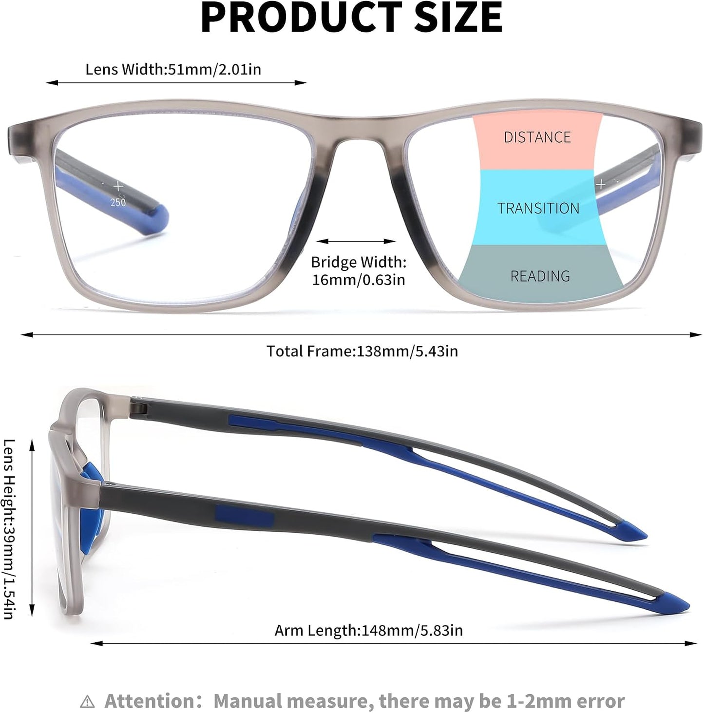 商品图片 20 | B0GLF6C715 | FEISEDY Progressive Multifocal Reading Glasses Blue Light Blocking B0397 | Sports Square Frame Near-Far Dual Use Blue Light Blocking Reading Glasses for Women Men