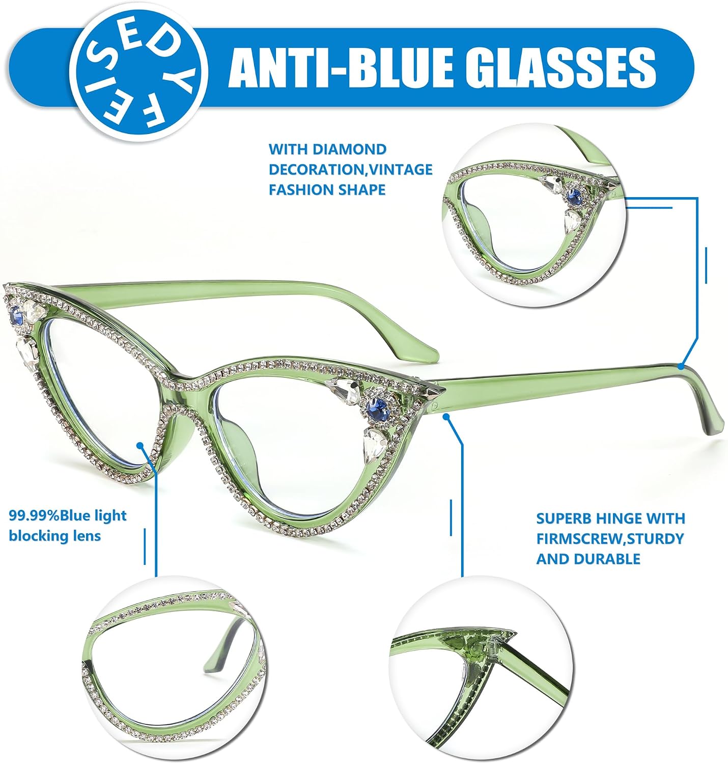 商品图片 26 | B0CQ55685Z | FEISEDY Diamond Blue Light Blocking Glasses Cat Eye Rhinestone Women Glasses Frame Anti Eyestrain Computer Eyewear B0070