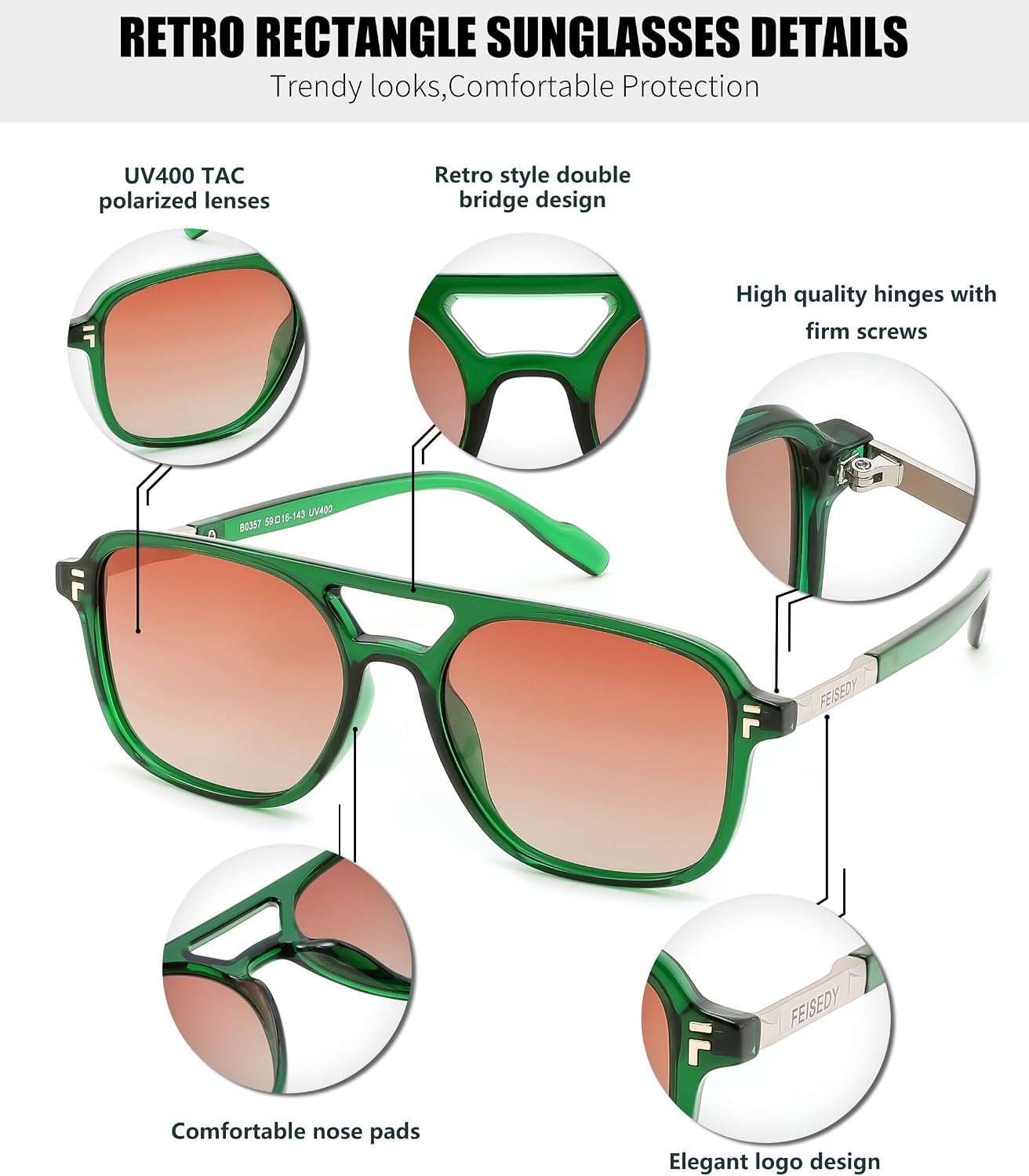 商品图片 61 | B0H2V9BFS5 | FEISEDY Retro Polarized Aviator Square Sunglasses for Women Men UV400 B0357