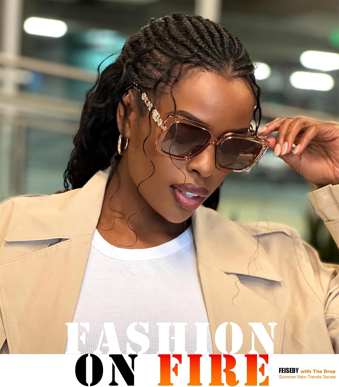 商品图片 58 | B08HVPGJW5 | FEISEDY Sunglasses Womens Trendy, Oversized Square Shades, Pearl Inlay Cat Eye Frame UV400 Protection B2625