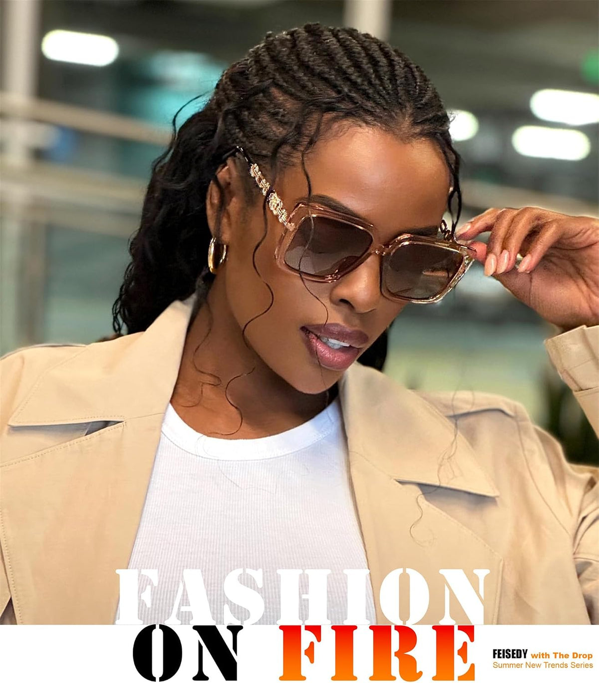 ÉÌƷͼƬ 58 | B08HVPGJW5 | FEISEDY Sunglasses Womens Trendy, Oversized Square Shades, Pearl Inlay Cat Eye Frame UV400 Protection B2625