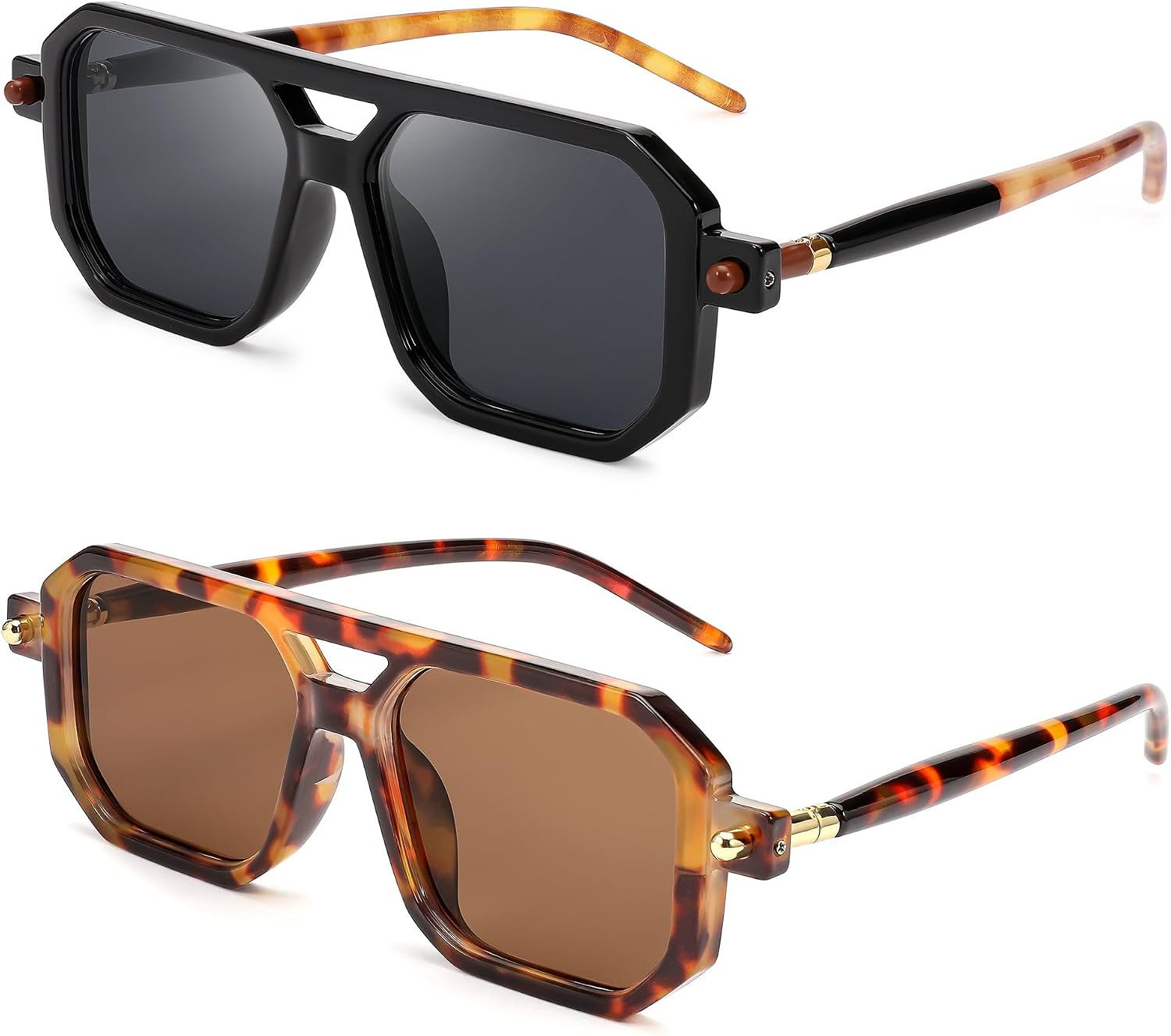 2 Pack Black/Grey + Leopard/Tea / 52 Millimeters | B0F4CW2SHZ | FEISEDY Vintage Square 70s Flat Aviator Sunglasses Women Men Classic Retro Stylish Frame UV400 Sunglasses B2622