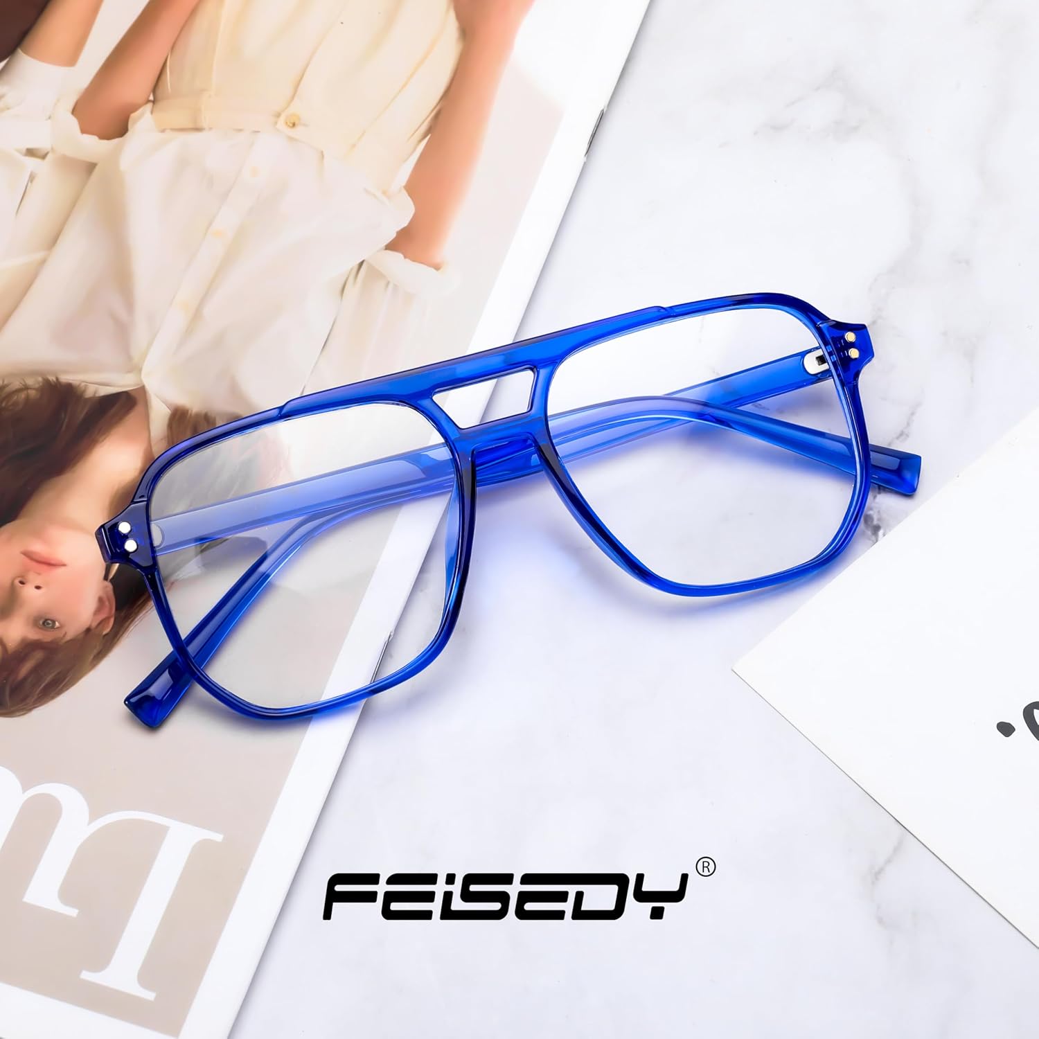 商品图片 56 | B0C6ZZXZ3F | FEISEDY Blue Light Glasses for Women Men Oversized Pilot Lightweight B2866