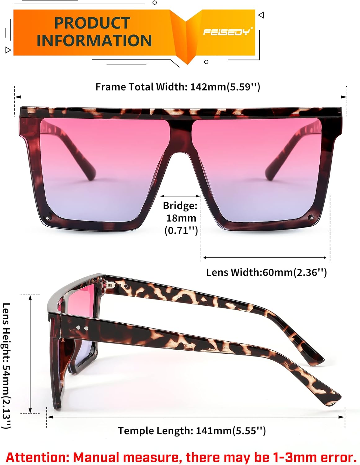ÉÌƷͼƬ 103 | B09H6XXSDN | FEISEDY Oversized Sunglasses Mens Womens Flat Top Square Trendy Visor Shades UV400 B2470