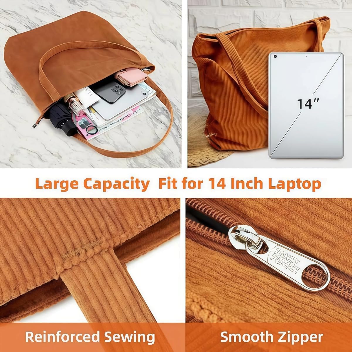 商品图片 6 | B0GSFVJ7W7 | Corduroy Tote Bag for Women, Shopping Tote Handbags with Zipper Casual Tote's Handbag Big Capacity Shoulder Bag with Pockets