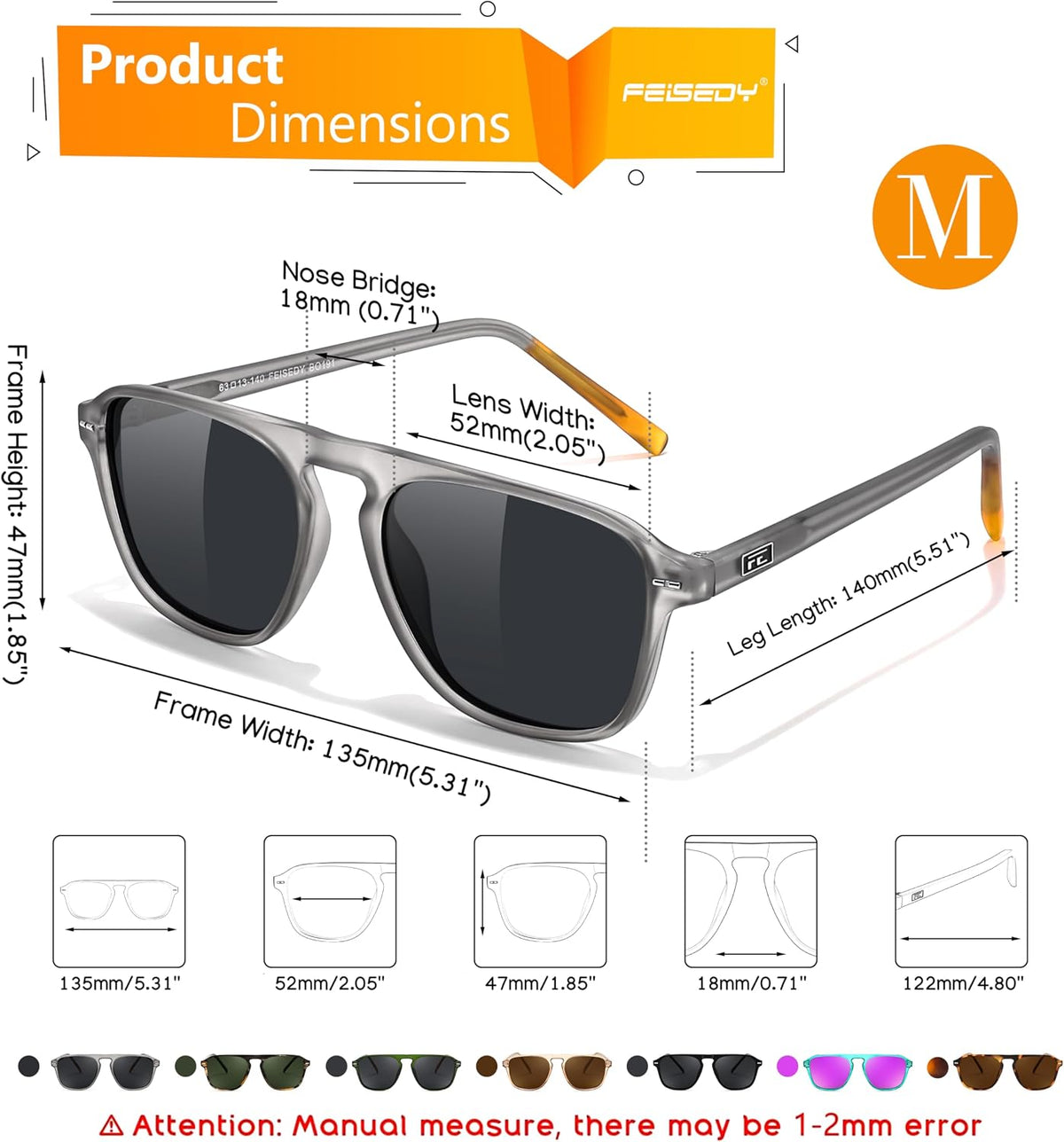 ÉÌƷͼƬ 6 | B0F4D461TF | FEISEDY Polarized Aviator Mens Sunglasses Square Modern Women Vintage Style Acetate Frame UV400 B0191