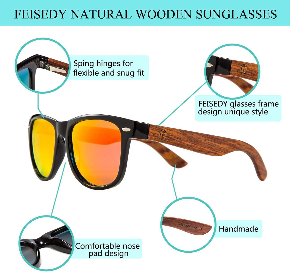 商品图片 25 | B07J2YHS4L | FEISEDY Polarized Wood Sunglasses Women Men HD UV400 Driving Fishing Golf Sunglasses B2448