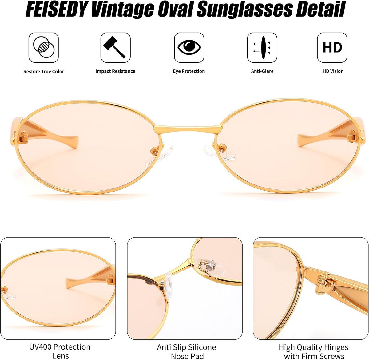 ÉÌƷͼƬ 11 | B0FH4FH8VH | FEISEDY Retro Oval Sunglasses Women Men - Gold Metal Chunky Frame, UV400 for Driving & Daily Wear B0312