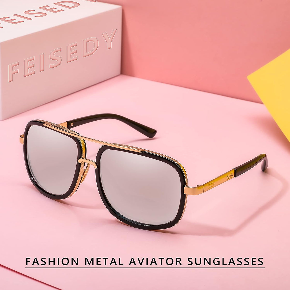 ÉÌƷͼƬ 20 | B0B681YMF5 | FEISEDY Retro Trendy Aviator Sunglasses Women Men Classic Vintage Square Sunglasses 70s Large Metal Shades B2321