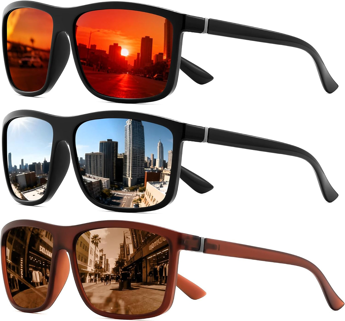 Black/Red+black/Sliver+matte Brown/Brown / 55 Millimeters | B0FPM4XMMX | FEISEDY Square Polarized Sunglasses For Men Women B0322
