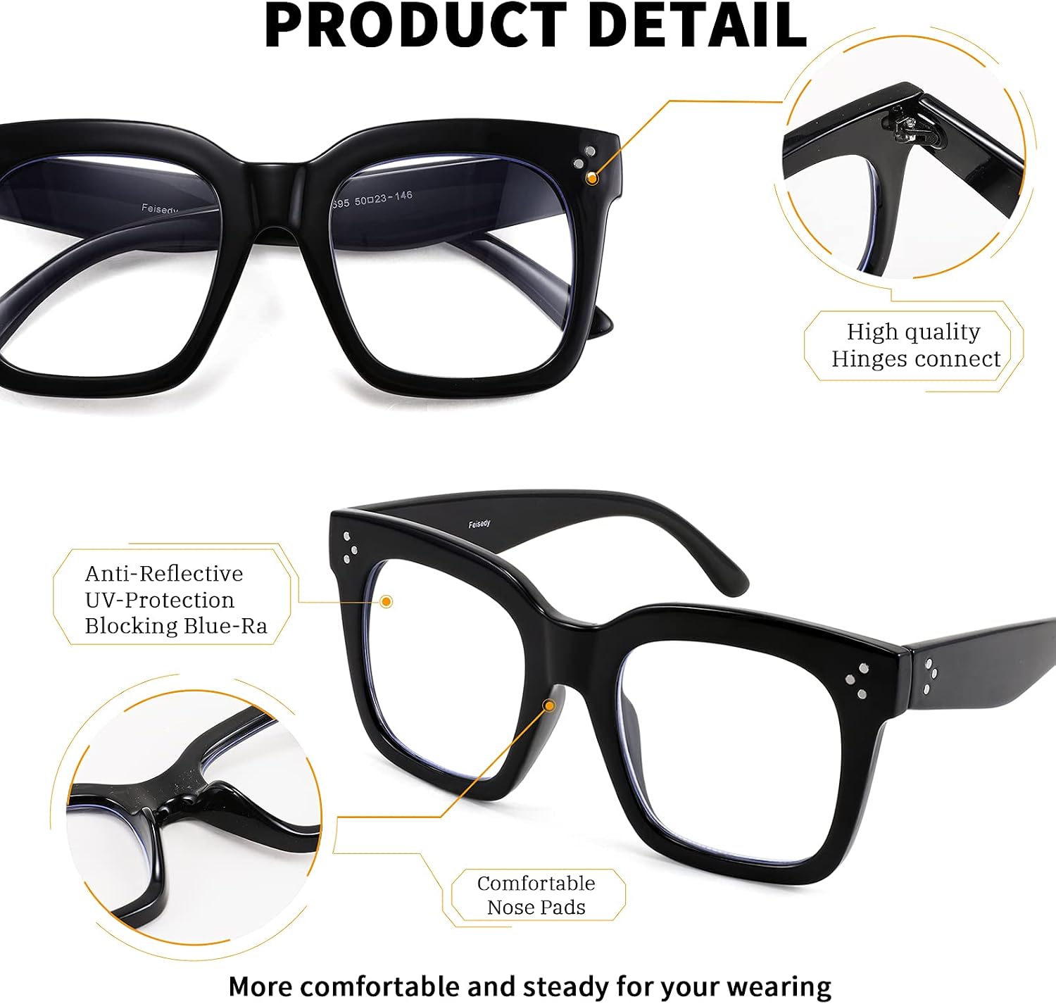 商品图片 4 | B08ZMQ47KD | FEISEDY Blue Light Blocking Reading Glasses Oversized Readers Designer Luxury Square Eyewear Frame B2695FR