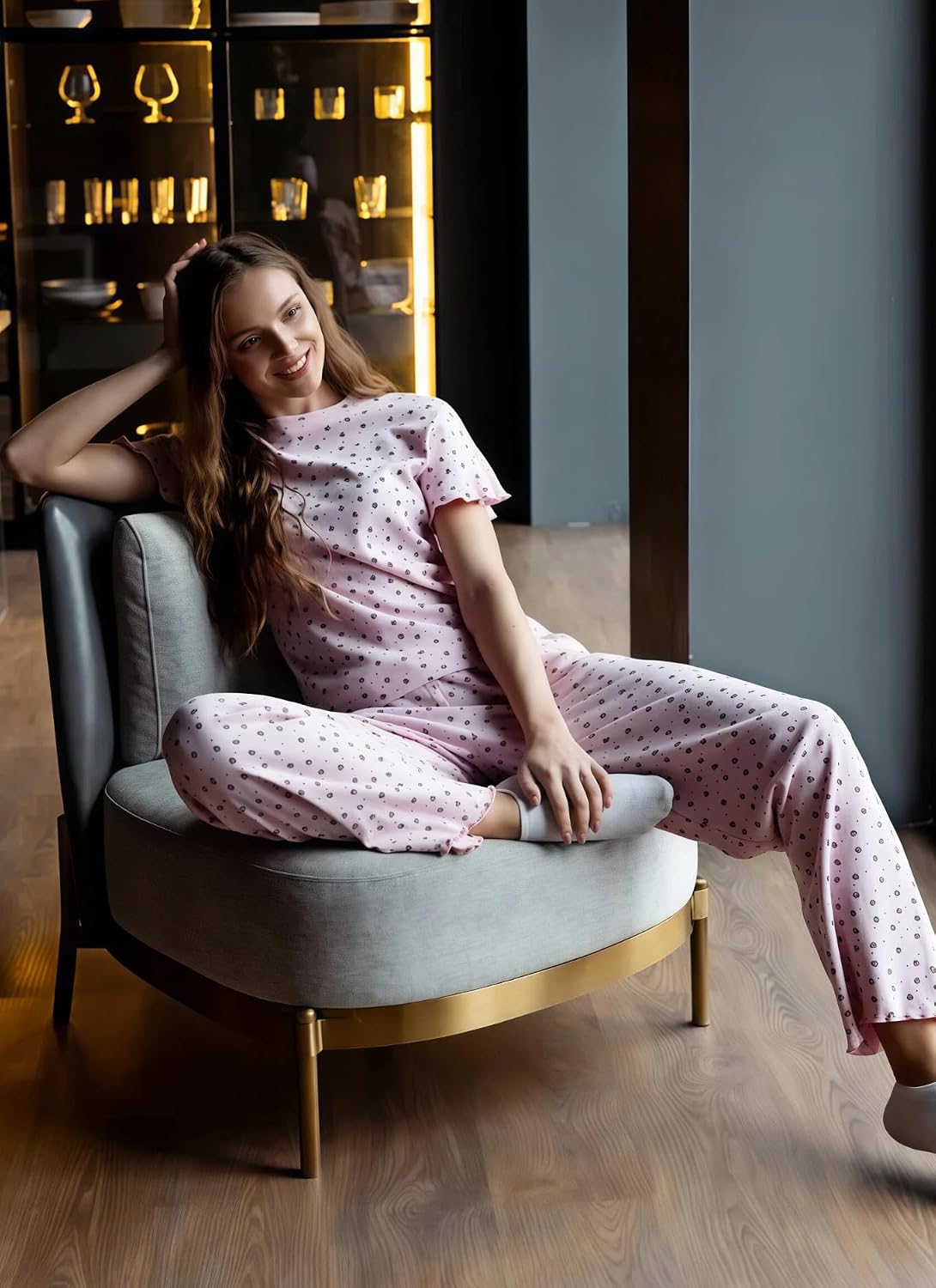 商品图片 3 | B0GXHH98M1 | Womens Pajamas Sets 2 Piece Short Ruffle Sleeve Cute Printed Pj Sets Soft Loose Lounge Sleepwear for Women