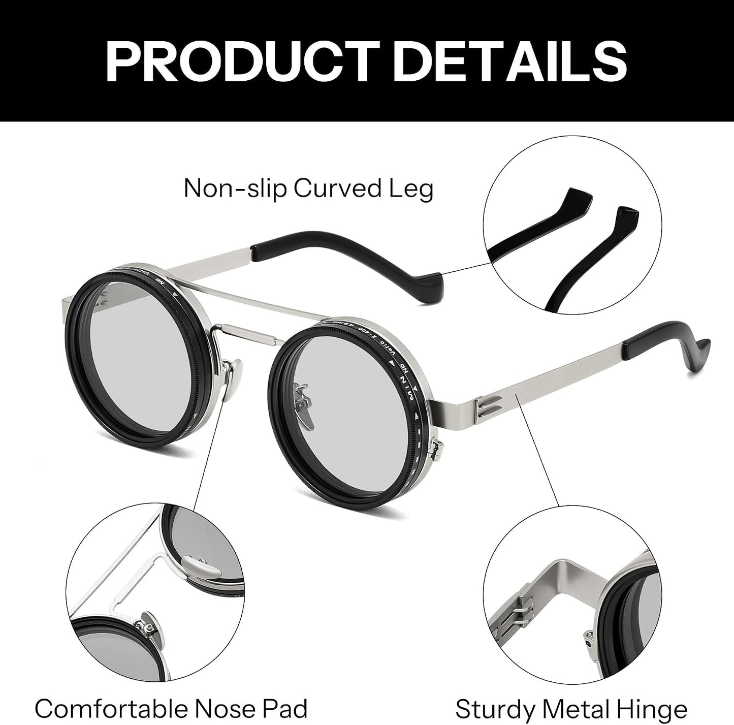 商品图片 38 | B0FK1DDVSV | FEISEDY Adjustable Sunglasses Polarized Men, Round Metal ND Filter B1400