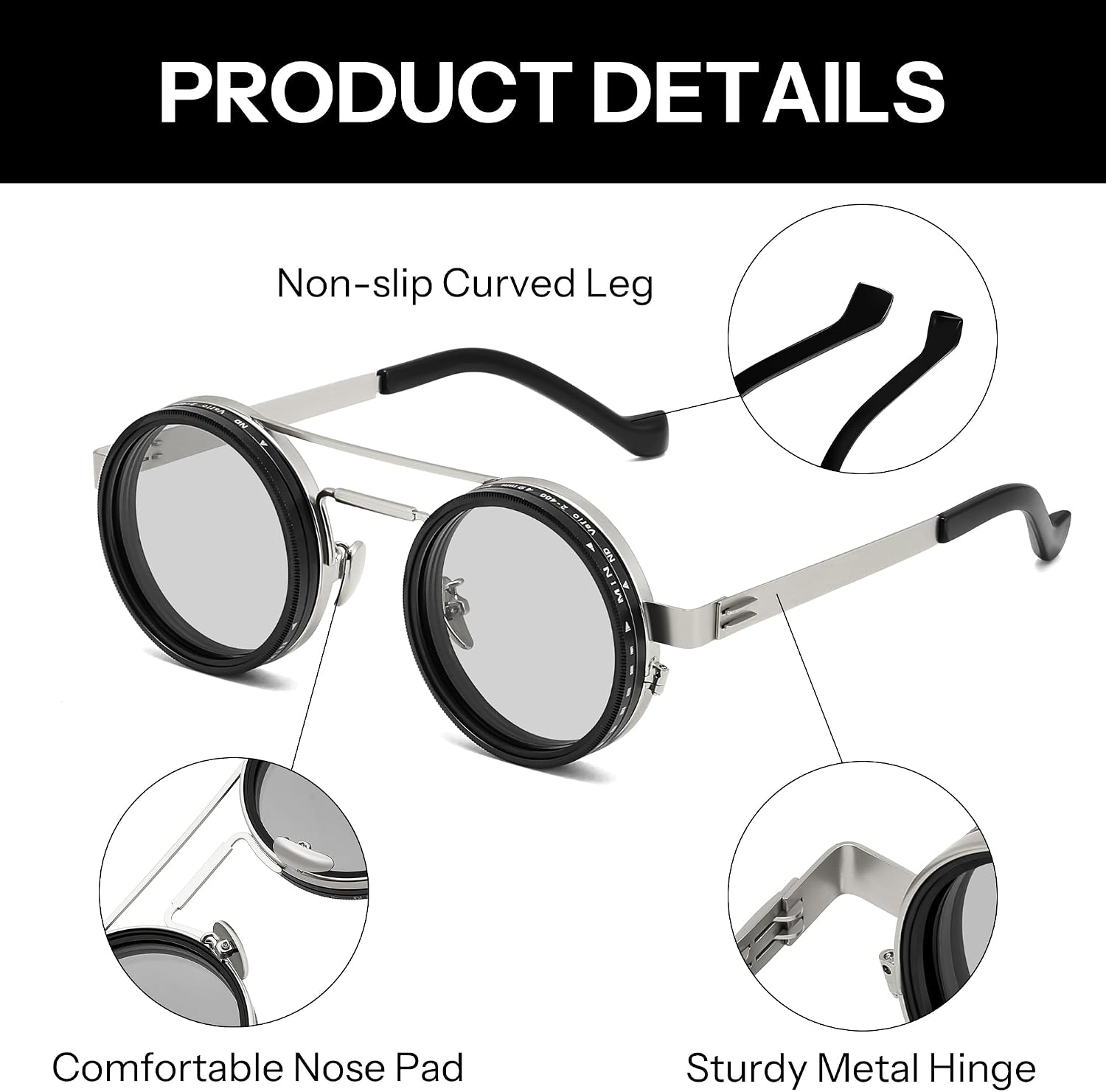 商品图片 38 | B0FK1DDVSV | FEISEDY Adjustable Sunglasses Polarized Men, Round Metal ND Filter B1400
