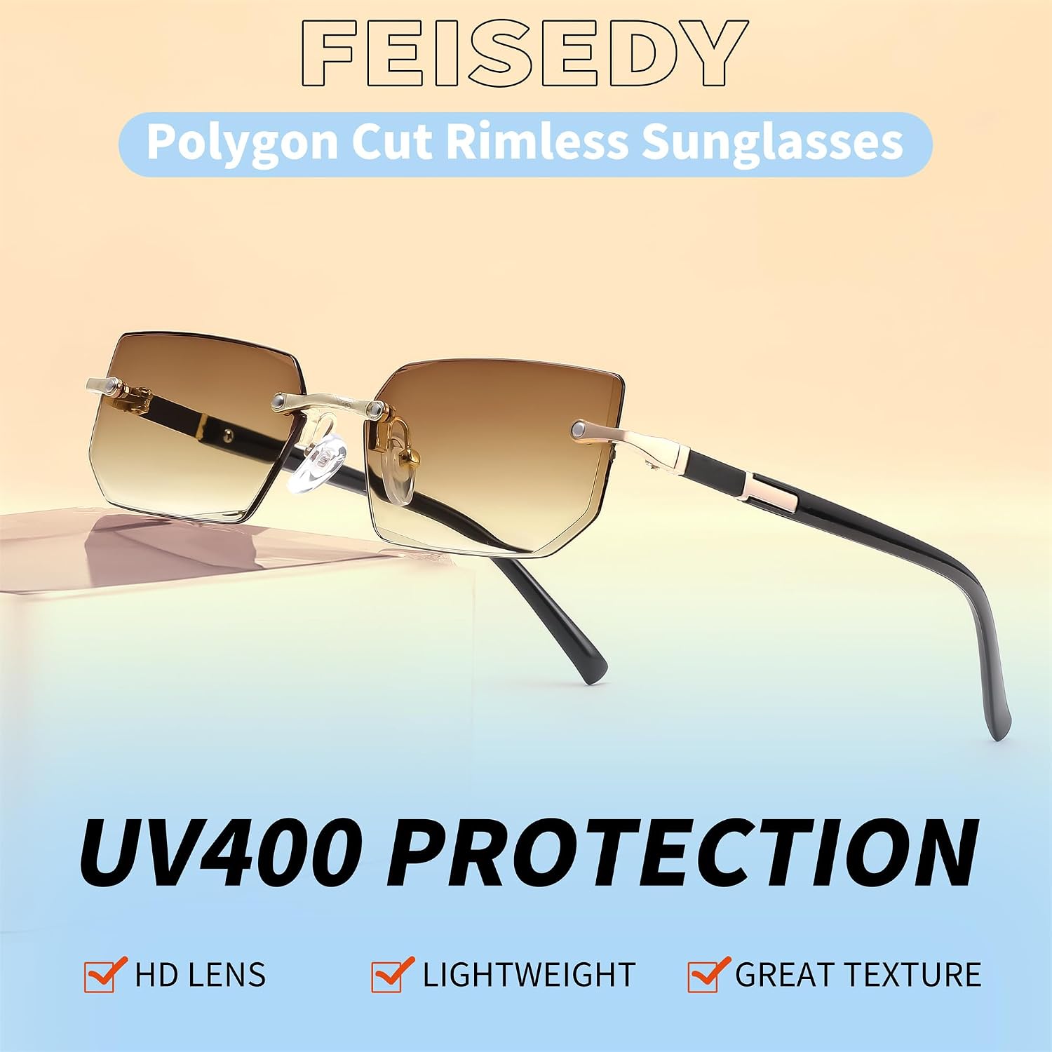 商品图片 85 | B0CY2Q4VW1 | FEISEDY Rimless Sunglasses Y2K Retro Small Narrow Rectangle Shades B2643