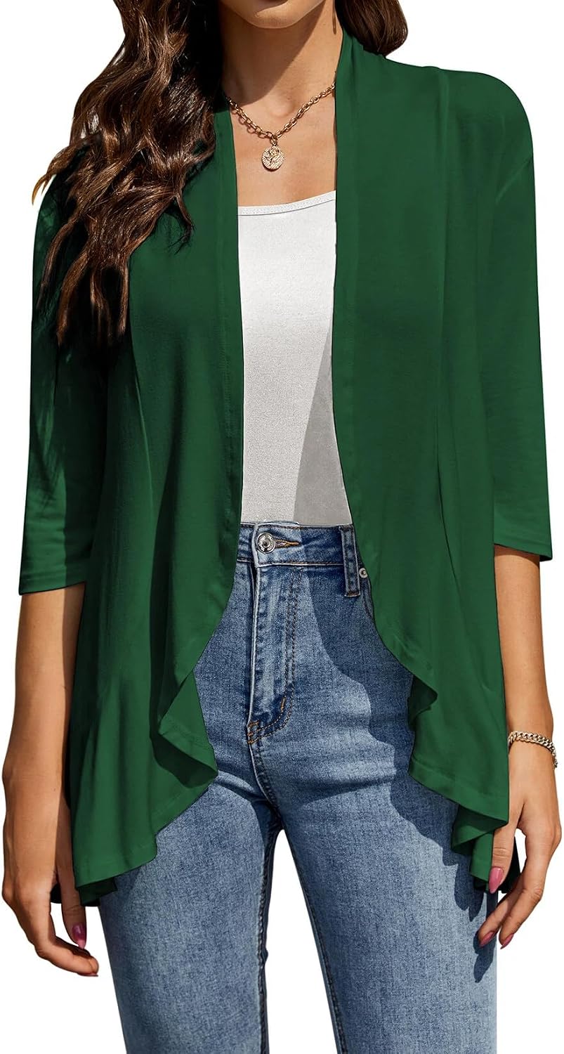Medium / Green | B0H1KSBL2J | Women's 3/4 Sleeve Open Front Cardigan Lightweight Draped Ruffle Knit Casual Spring Summer Plus Size Cardigan