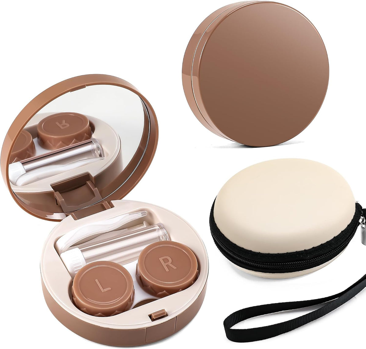 Khaki | B0CHXZLD82 | FEISEDY Contact Lens Case, Fashion Portable Contacts Lens Box with Mirror Tweezers Remover Tool Solution Bottle for Travel B0072