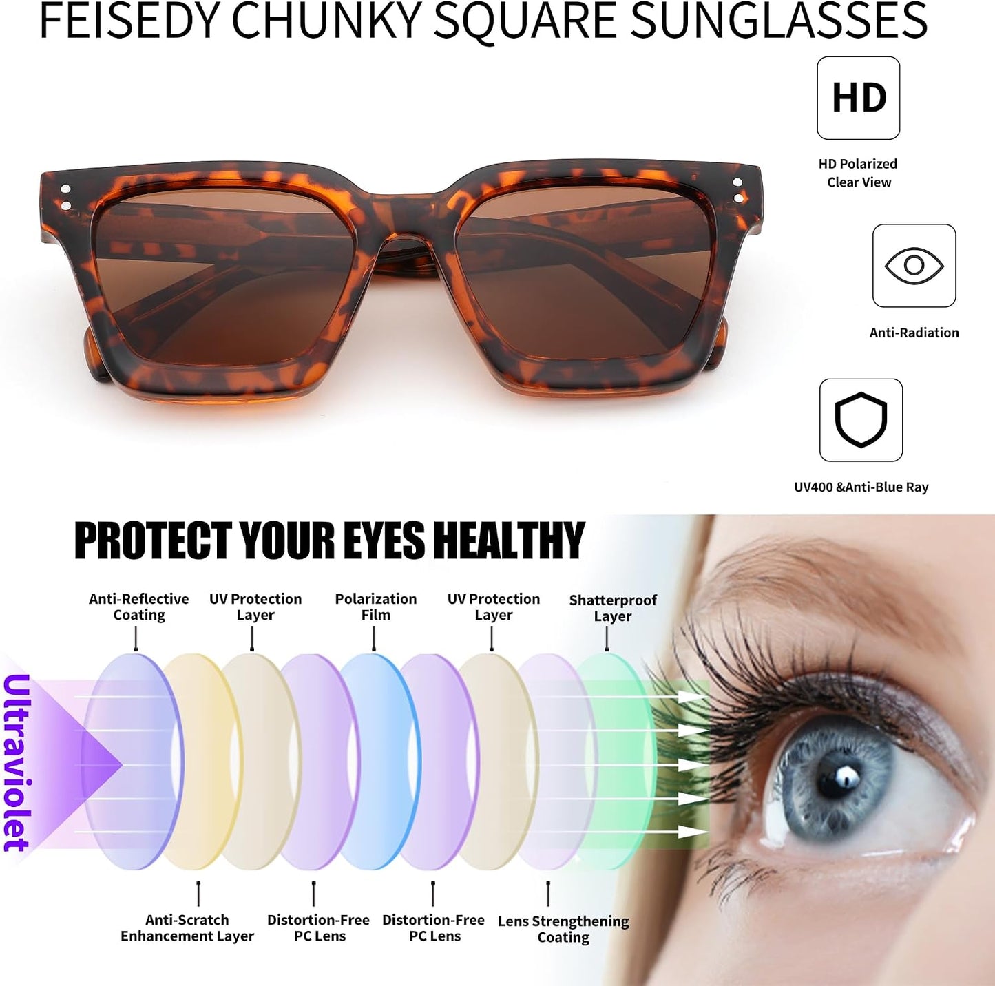 商品图片 23 | B0C9J9VMJL | FEISEDY Sunglasses Men Women Polarized, Chunky Square Thick Frame, Rectangle UV400 Shade Sun Glasses B2396