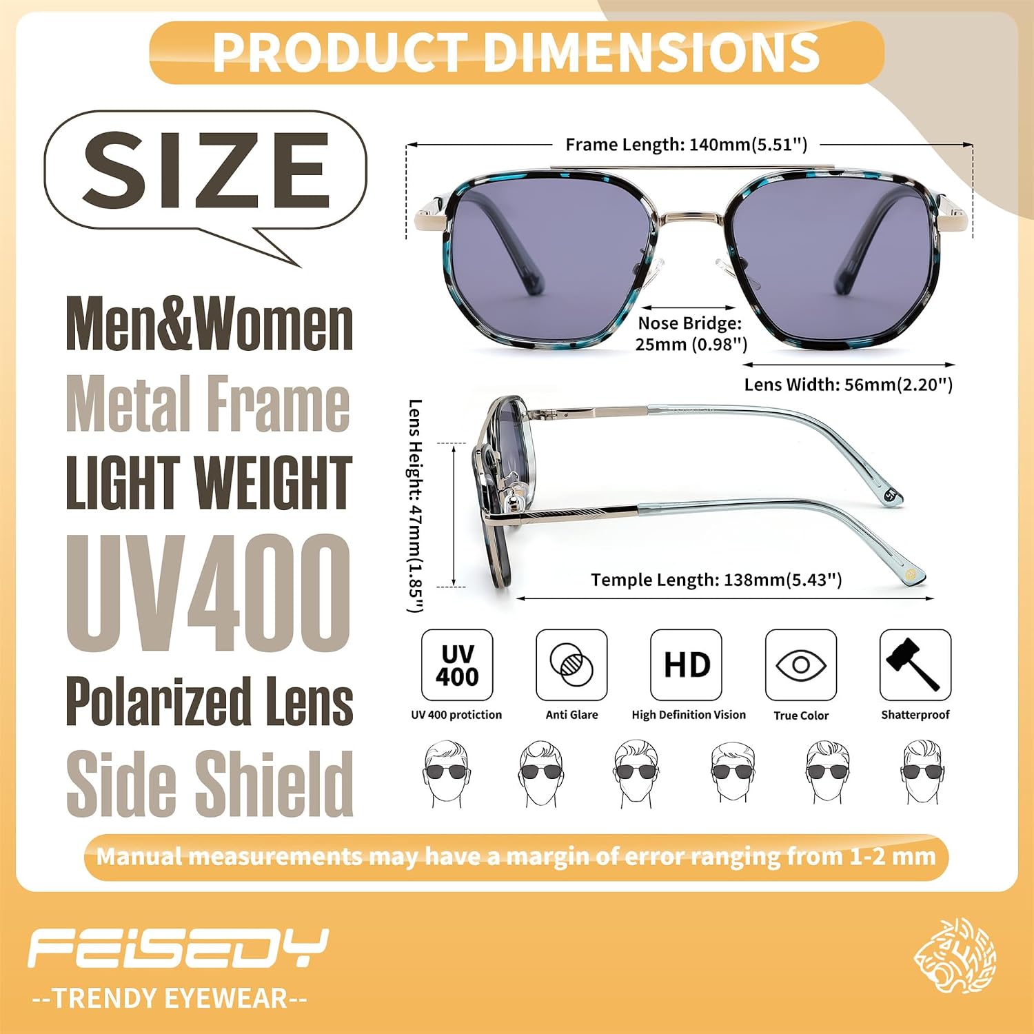 商品图片 19 | B0FQ4Y7FV6 | FEISEDY Polarized Aviator Sunglasses for Women Men Square TAC Lens B0329 | UV400 protection, Lightweight, Military-grade durability, Spring temples, Climate Pledge Friendly, Driving, Beach