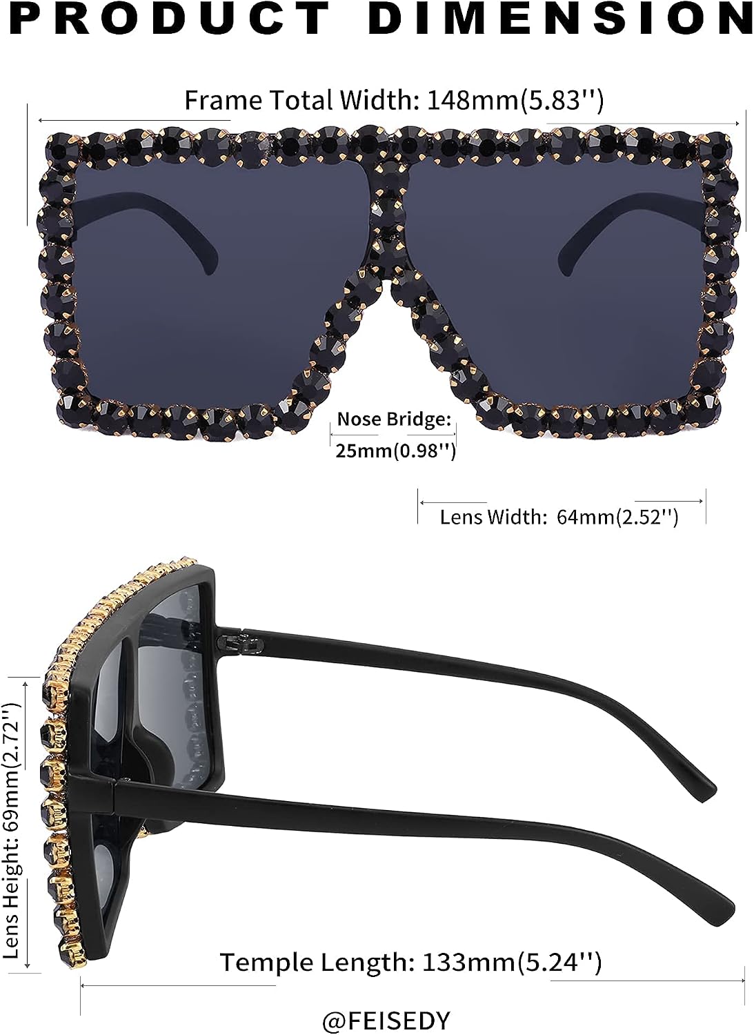 商品图片 7 | B096YZPRF2 | FEISEDY Oversized Sparkling Crystal Sunglasses Disco Diamond Flat Top Fashion Square Large Shades B2782