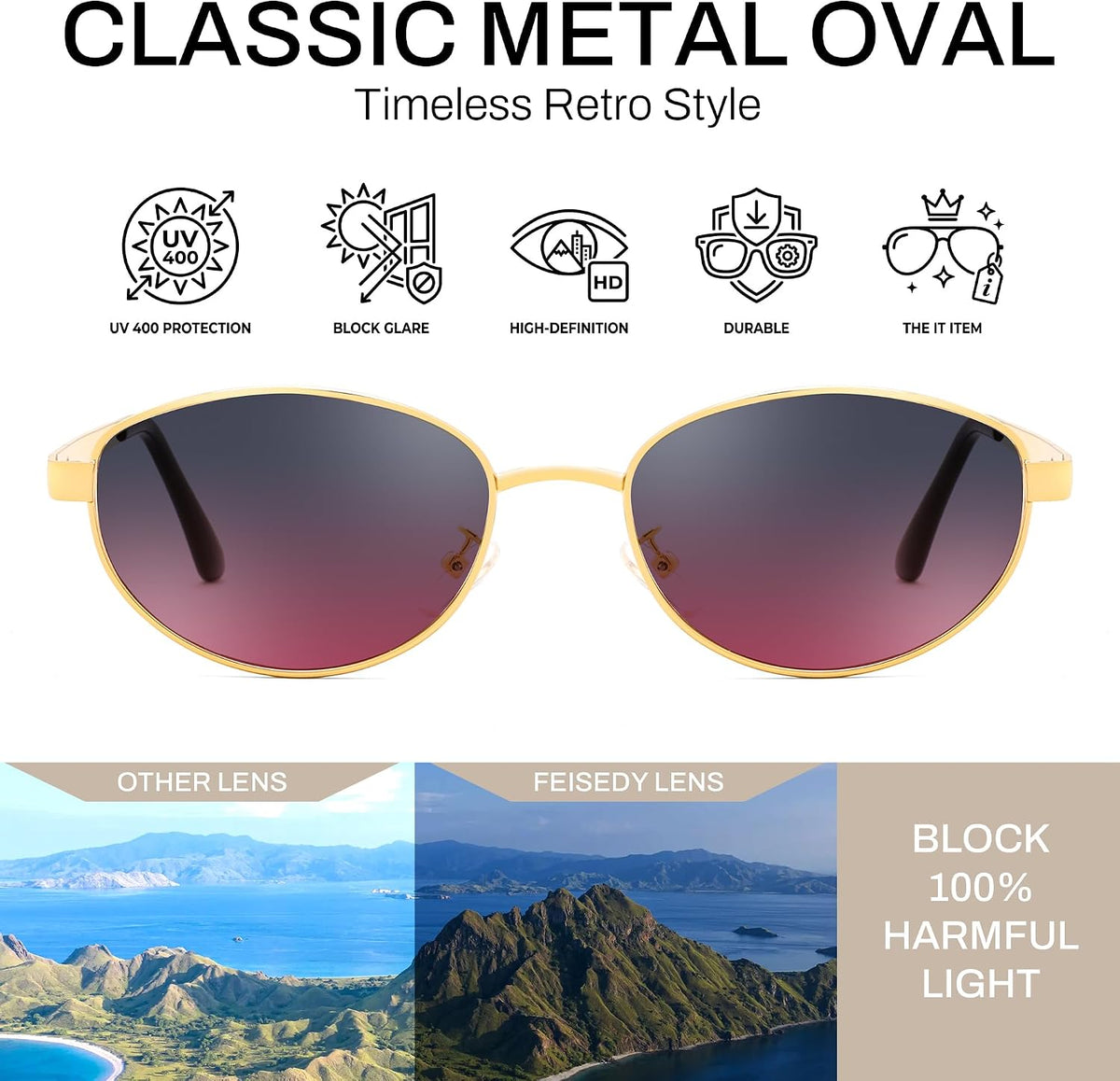 ÉÌƷͼƬ 31 | B0GVDQNHD2 | FEISEDY Oval Metal Sunglasses for Women and Men, Classic UV400 Protection Shades Retro Trendy Driving Fishing Eyewear B0430